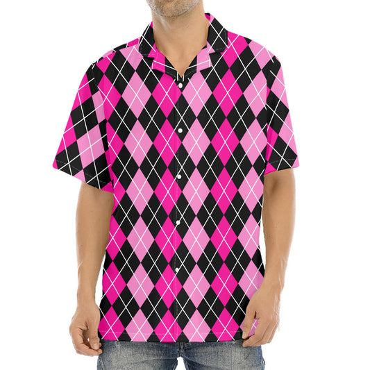Deep Pink And Black Argyle Pattern Print Aloha Shirt