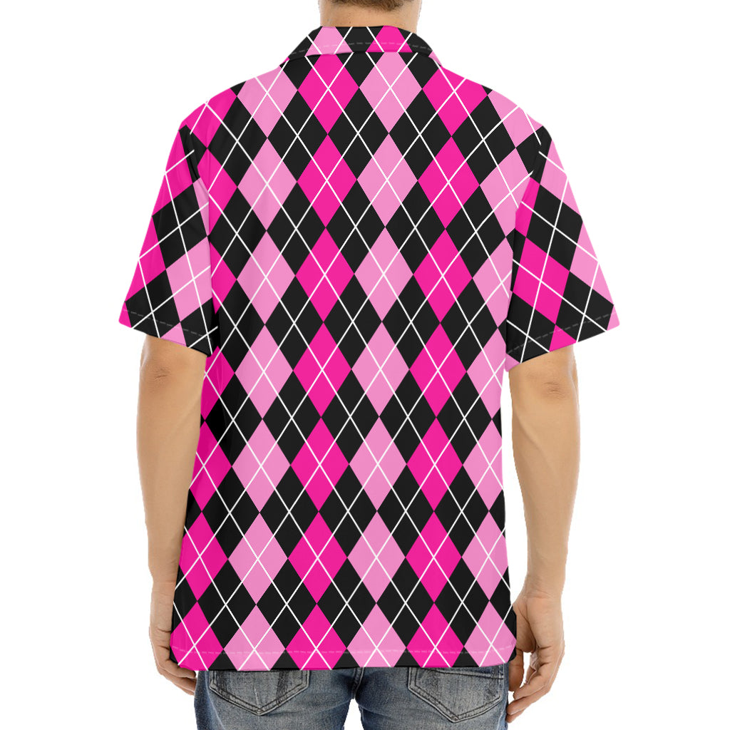 Deep Pink And Black Argyle Pattern Print Aloha Shirt