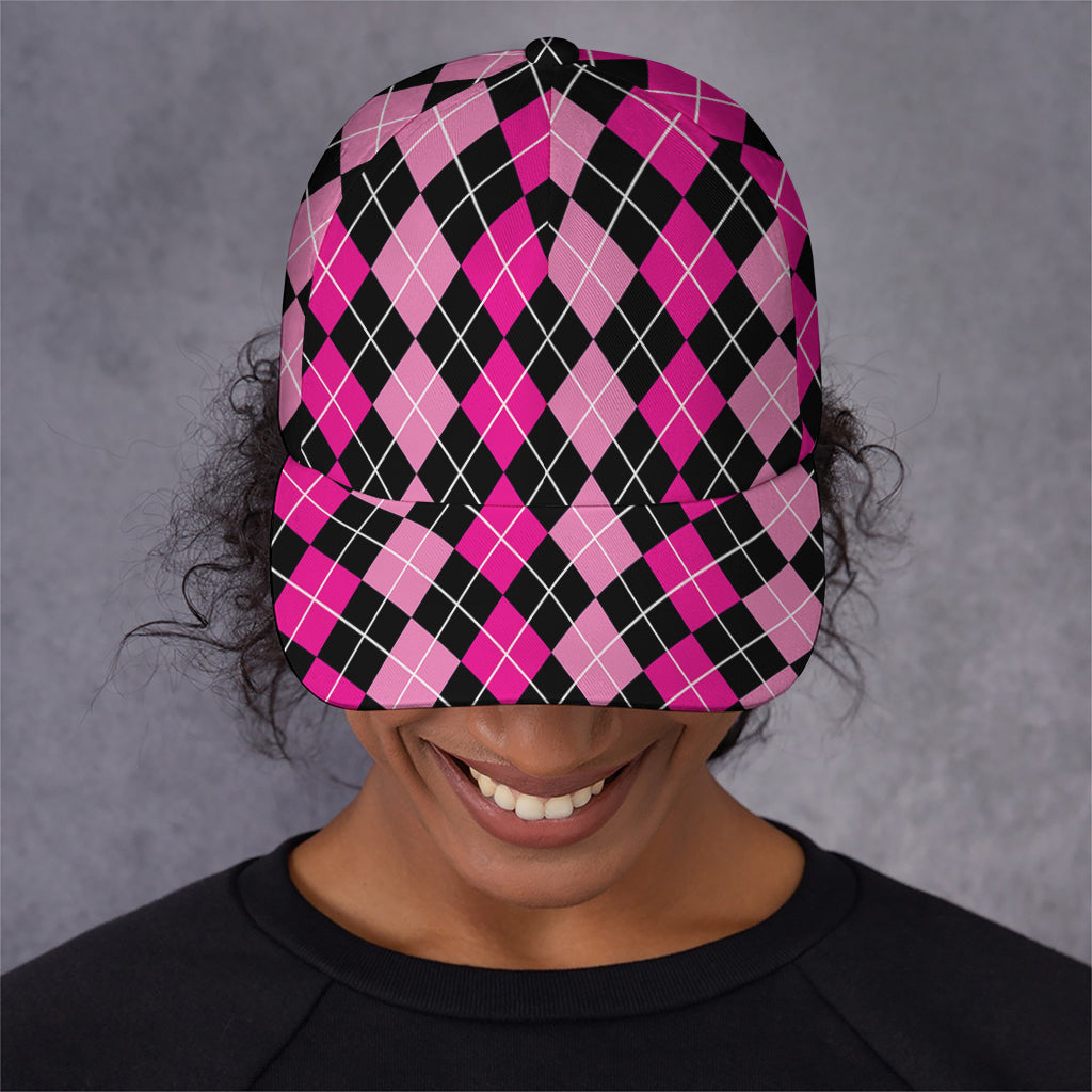 Deep Pink And Black Argyle Pattern Print Baseball Cap