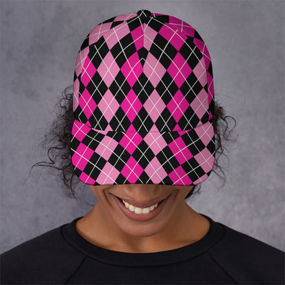 Deep Pink And Black Argyle Pattern Print Baseball Cap
