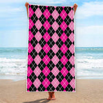 Deep Pink And Black Argyle Pattern Print Beach Towel