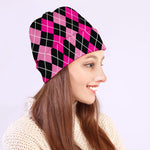 Deep Pink And Black Argyle Pattern Print Beanie