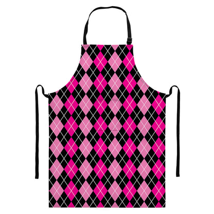 Deep Pink And Black Argyle Pattern Print Bib Apron With Pocket