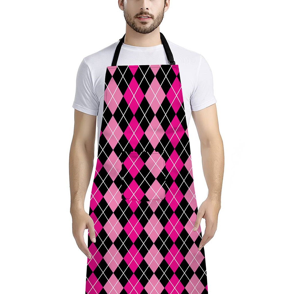 Deep Pink And Black Argyle Pattern Print Bib Apron With Pocket