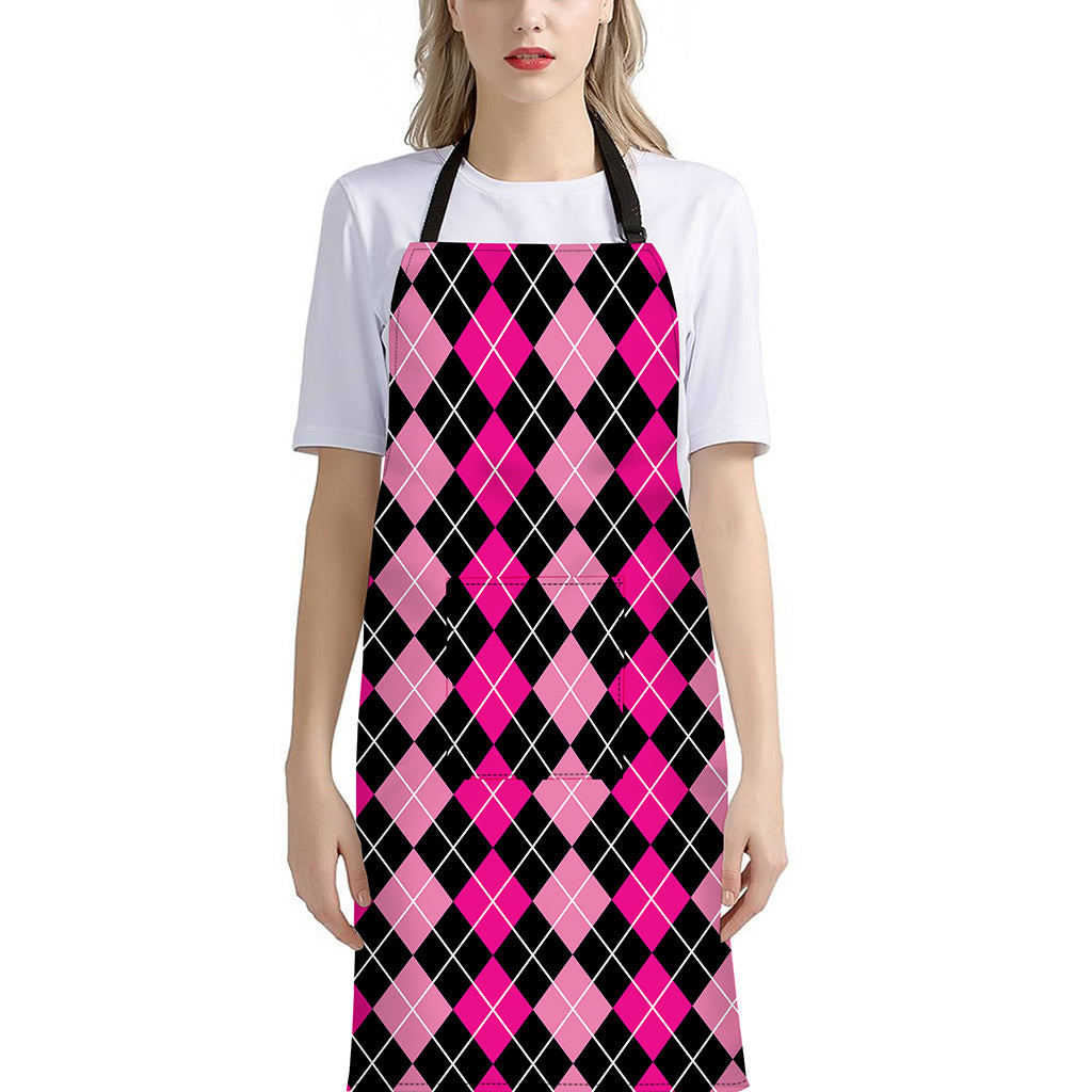 Deep Pink And Black Argyle Pattern Print Bib Apron With Pocket