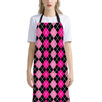 Deep Pink And Black Argyle Pattern Print Bib Apron With Pocket