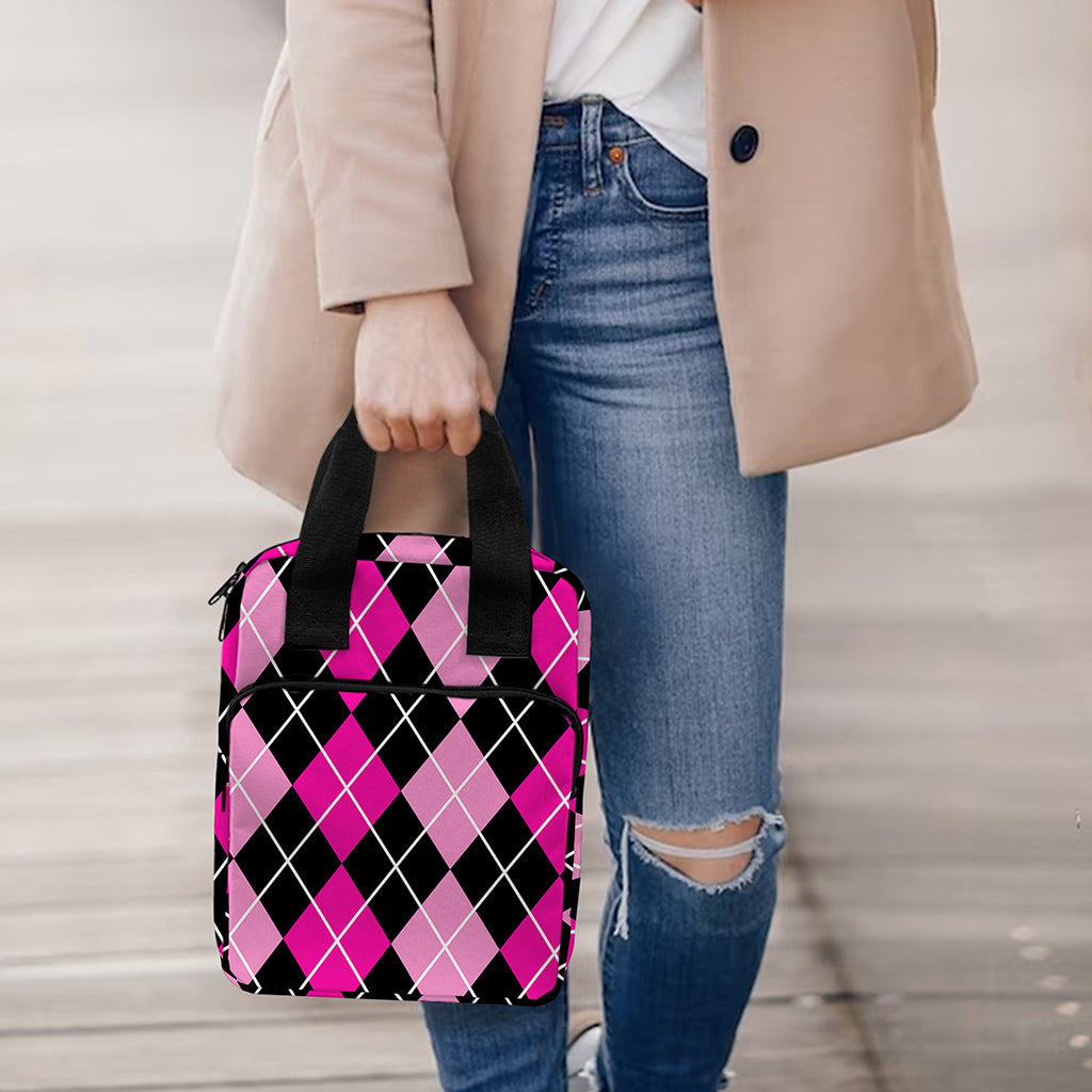 Deep Pink And Black Argyle Pattern Print Bible Tote Bag