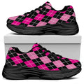 Deep Pink And Black Argyle Pattern Print Black Chunky Shoes