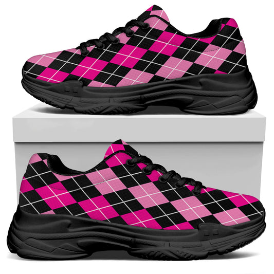 Deep Pink And Black Argyle Pattern Print Black Chunky Shoes