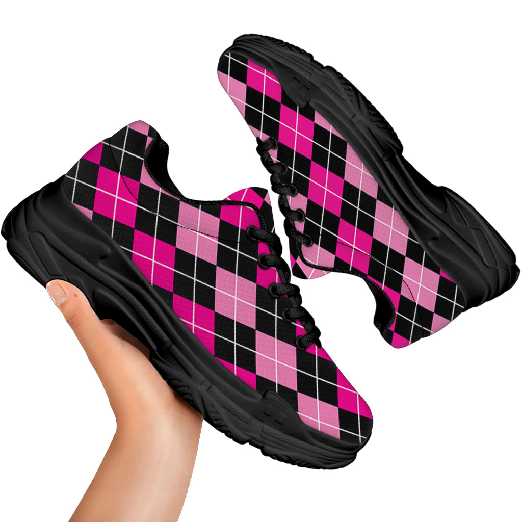 Deep Pink And Black Argyle Pattern Print Black Chunky Shoes