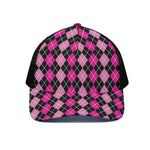Deep Pink And Black Argyle Pattern Print Black Mesh Trucker Cap