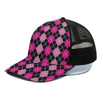 Deep Pink And Black Argyle Pattern Print Black Mesh Trucker Cap