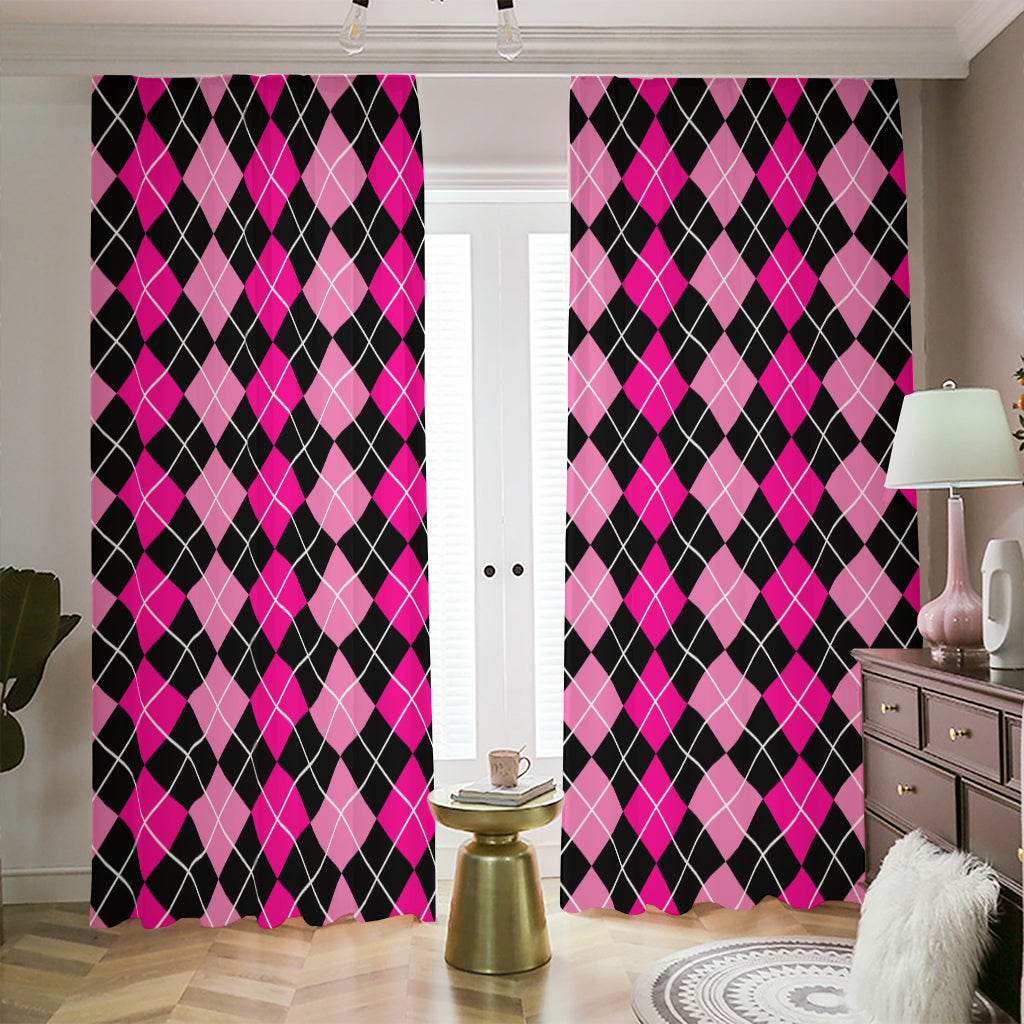 Deep Pink And Black Argyle Pattern Print Blackout Pencil Pleat Curtains