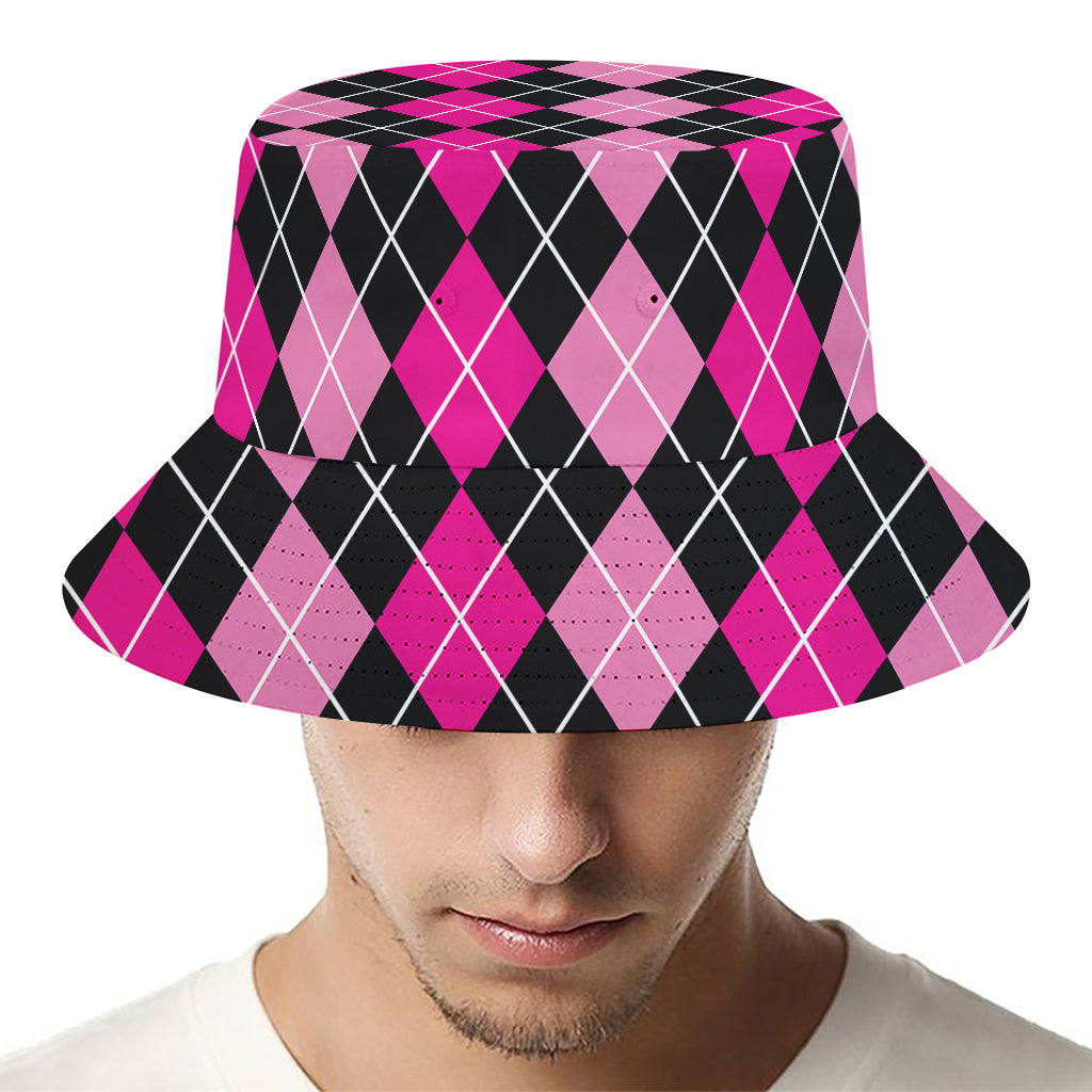 Deep Pink And Black Argyle Pattern Print Bucket Hat