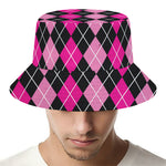 Deep Pink And Black Argyle Pattern Print Bucket Hat