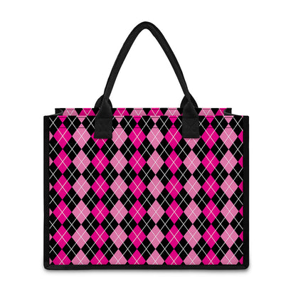Deep Pink And Black Argyle Pattern Print Canvas Tote Bag