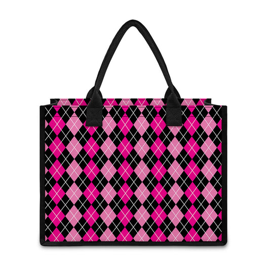 Deep Pink And Black Argyle Pattern Print Canvas Tote Bag