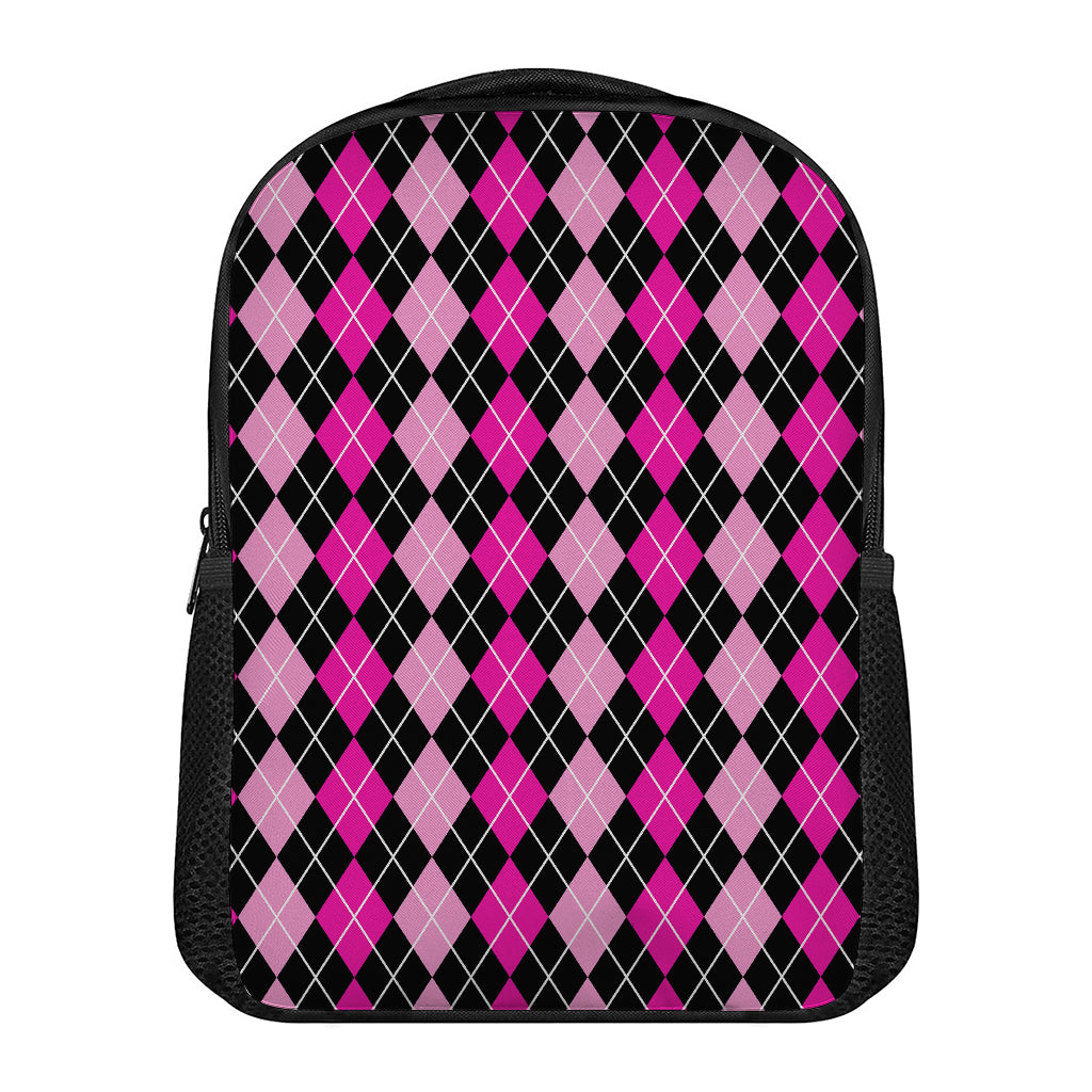 Deep Pink And Black Argyle Pattern Print Casual Backpack