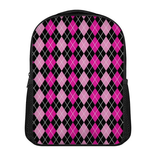 Deep Pink And Black Argyle Pattern Print Casual Backpack