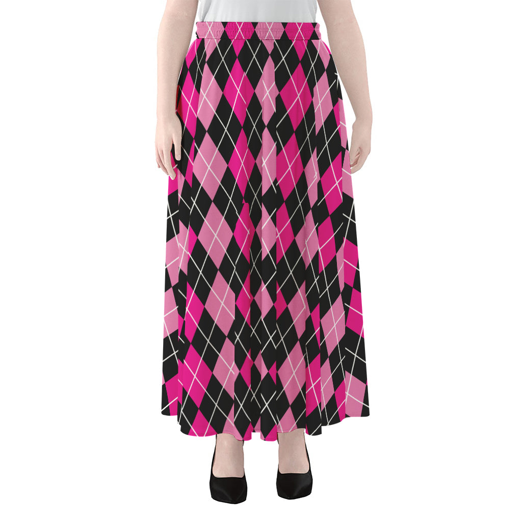 Deep Pink And Black Argyle Pattern Print Chiffon Maxi Skirt