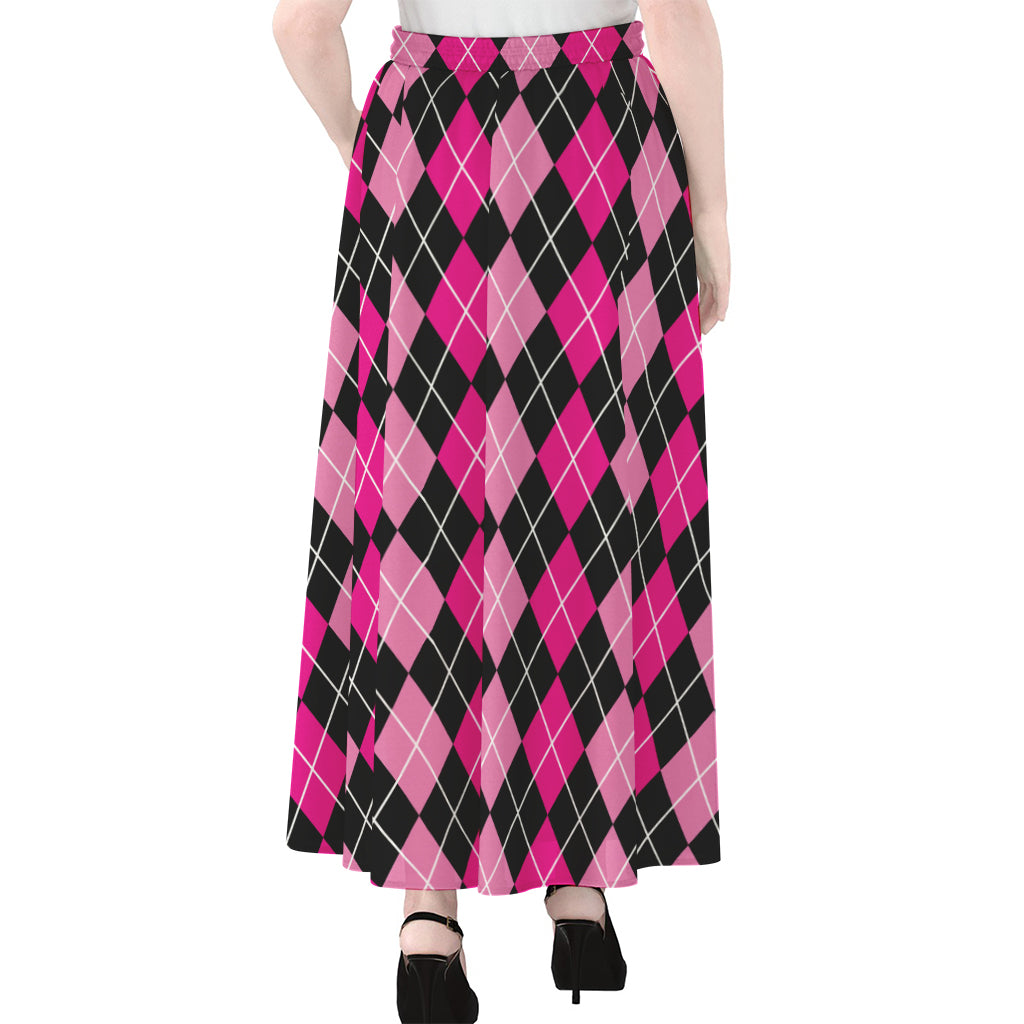 Deep Pink And Black Argyle Pattern Print Chiffon Maxi Skirt