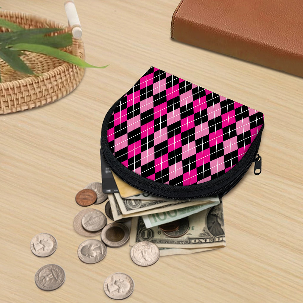 Deep Pink And Black Argyle Pattern Print Coin Purse