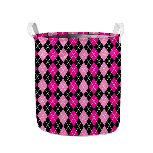 Deep Pink And Black Argyle Pattern Print Collapsible Laundry Basket
