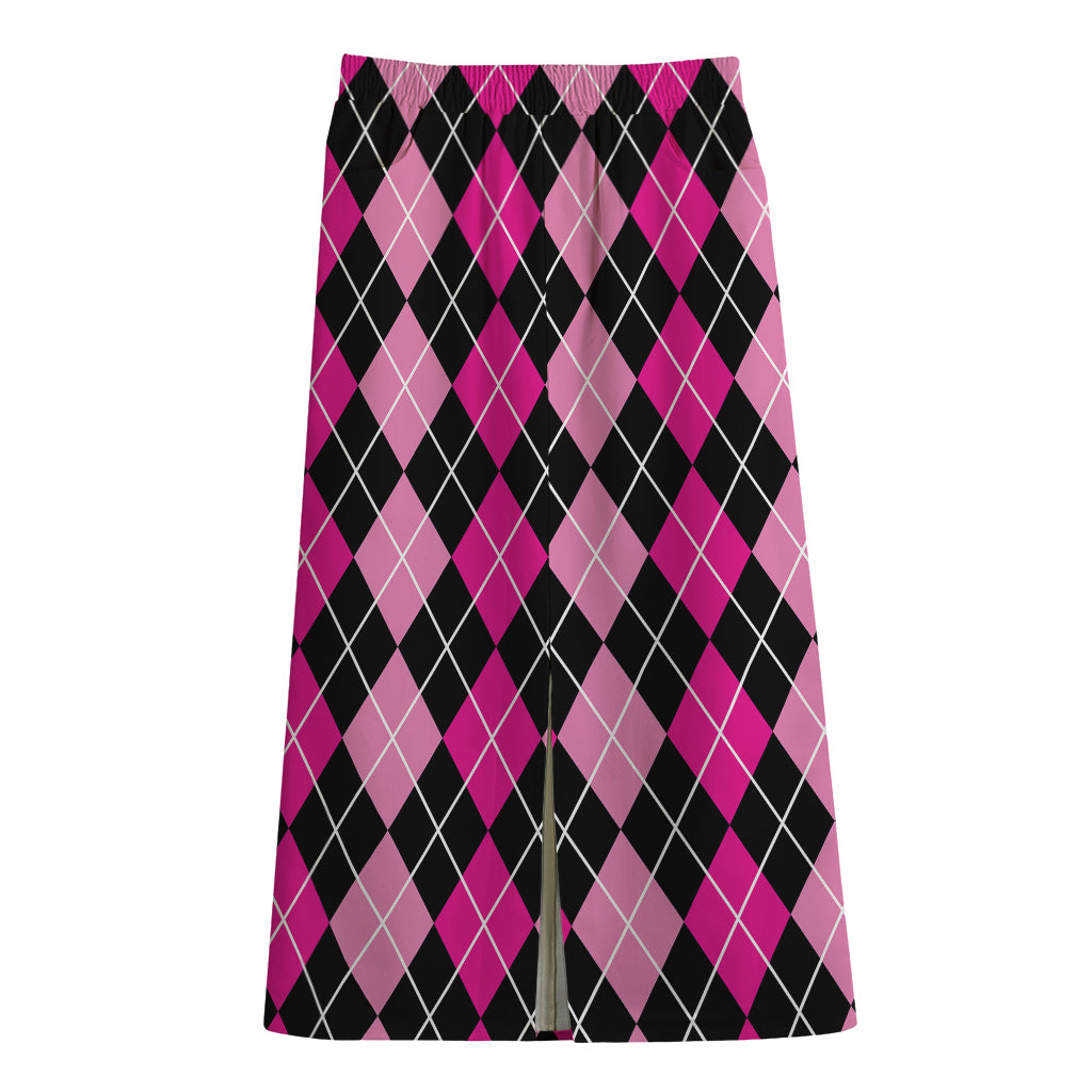 Deep Pink And Black Argyle Pattern Print Cotton Front Slit Maxi Skirt