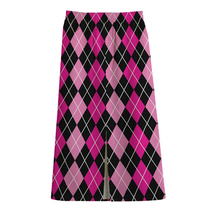 Deep Pink And Black Argyle Pattern Print Cotton Front Slit Maxi Skirt
