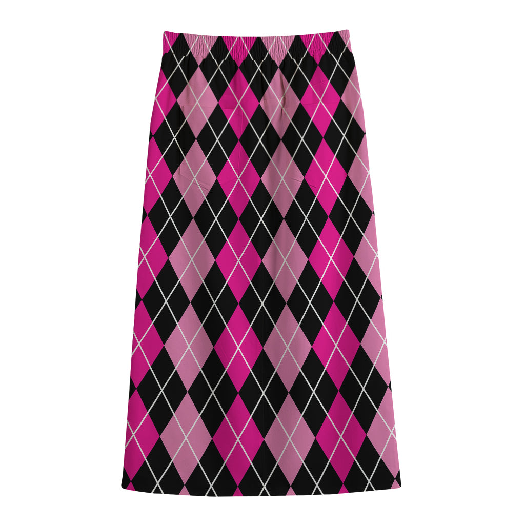 Deep Pink And Black Argyle Pattern Print Cotton Front Slit Maxi Skirt
