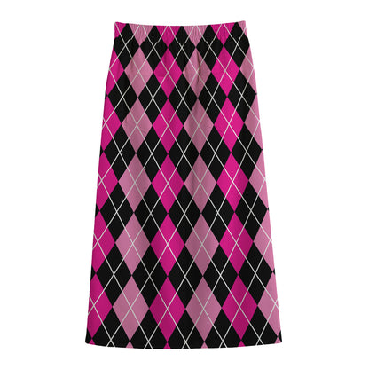 Deep Pink And Black Argyle Pattern Print Cotton Front Slit Maxi Skirt