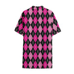 Deep Pink And Black Argyle Pattern Print Cotton Hawaiian Shirt