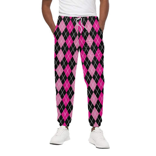 Deep Pink And Black Argyle Pattern Print Cotton Pants