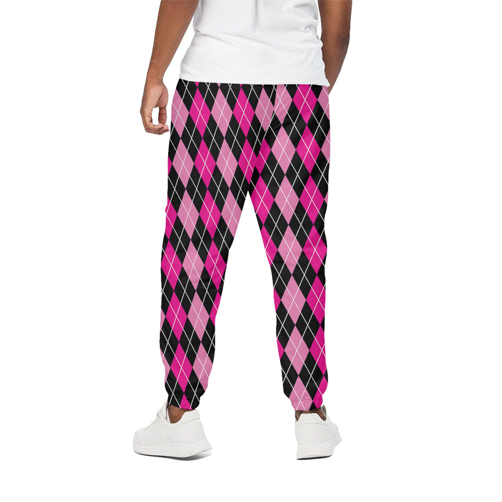 Deep Pink And Black Argyle Pattern Print Cotton Pants