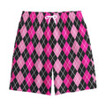Deep Pink And Black Argyle Pattern Print Cotton Shorts