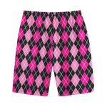 Deep Pink And Black Argyle Pattern Print Cotton Shorts