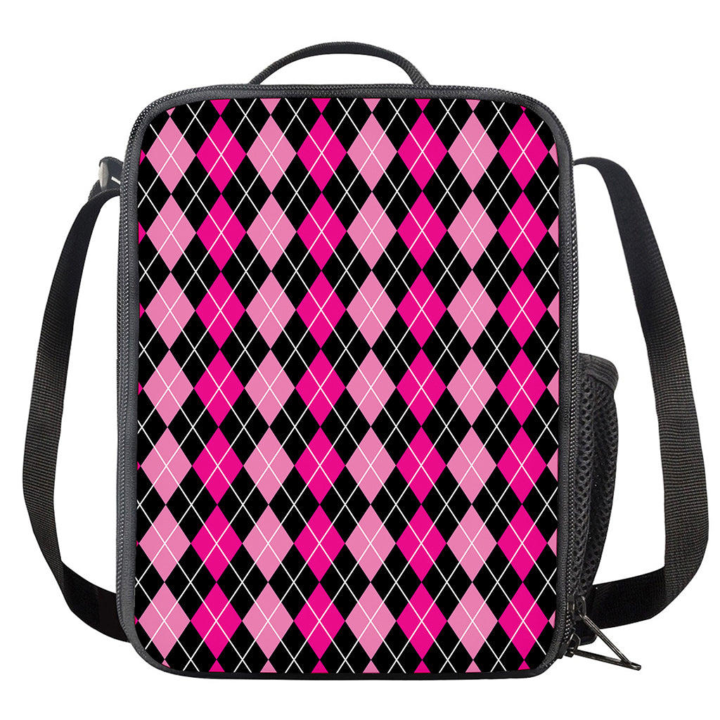 Deep Pink And Black Argyle Pattern Print Crossbody Lunch Bag