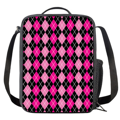 Deep Pink And Black Argyle Pattern Print Crossbody Lunch Bag