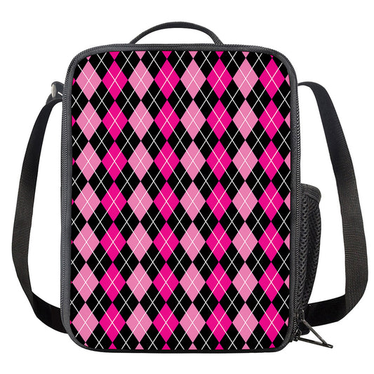 Deep Pink And Black Argyle Pattern Print Crossbody Lunch Bag