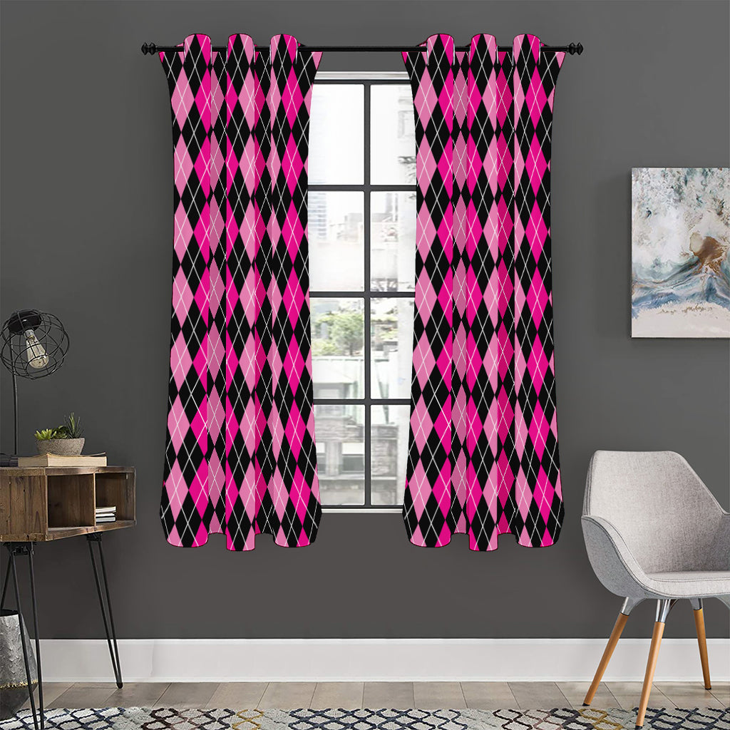 Deep Pink And Black Argyle Pattern Print Curtain