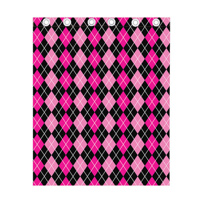 Deep Pink And Black Argyle Pattern Print Curtain