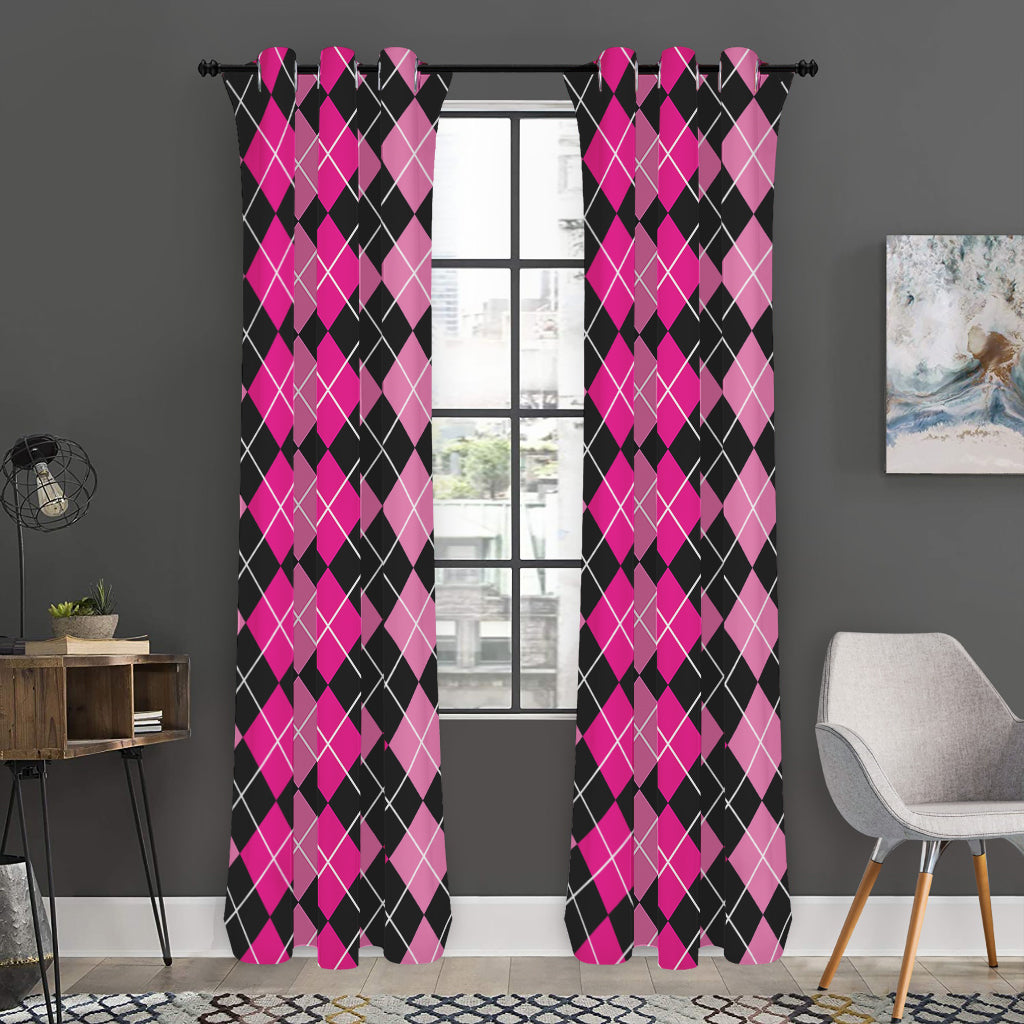 Deep Pink And Black Argyle Pattern Print Curtain