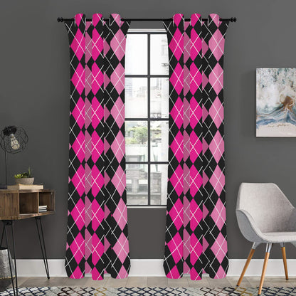 Deep Pink And Black Argyle Pattern Print Curtain