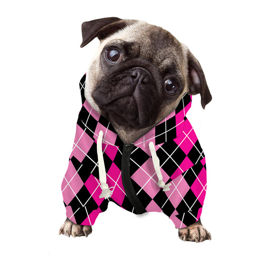 Deep Pink And Black Argyle Pattern Print Dog Zip Up Hoodie