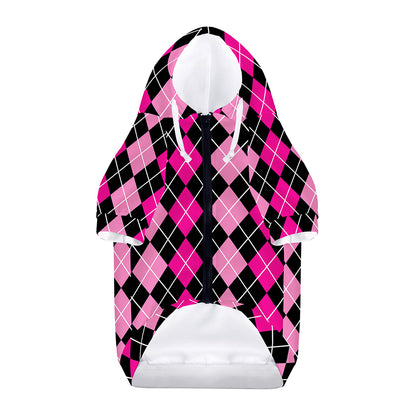 Deep Pink And Black Argyle Pattern Print Dog Zip Up Hoodie