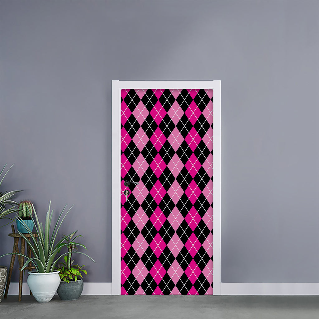 Deep Pink And Black Argyle Pattern Print Door Sticker