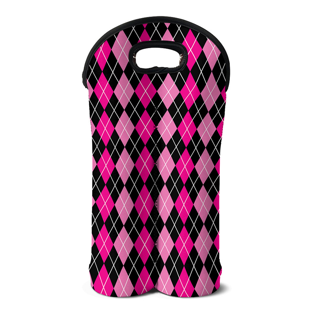 Deep Pink And Black Argyle Pattern Print Double Neoprene Wine Tote