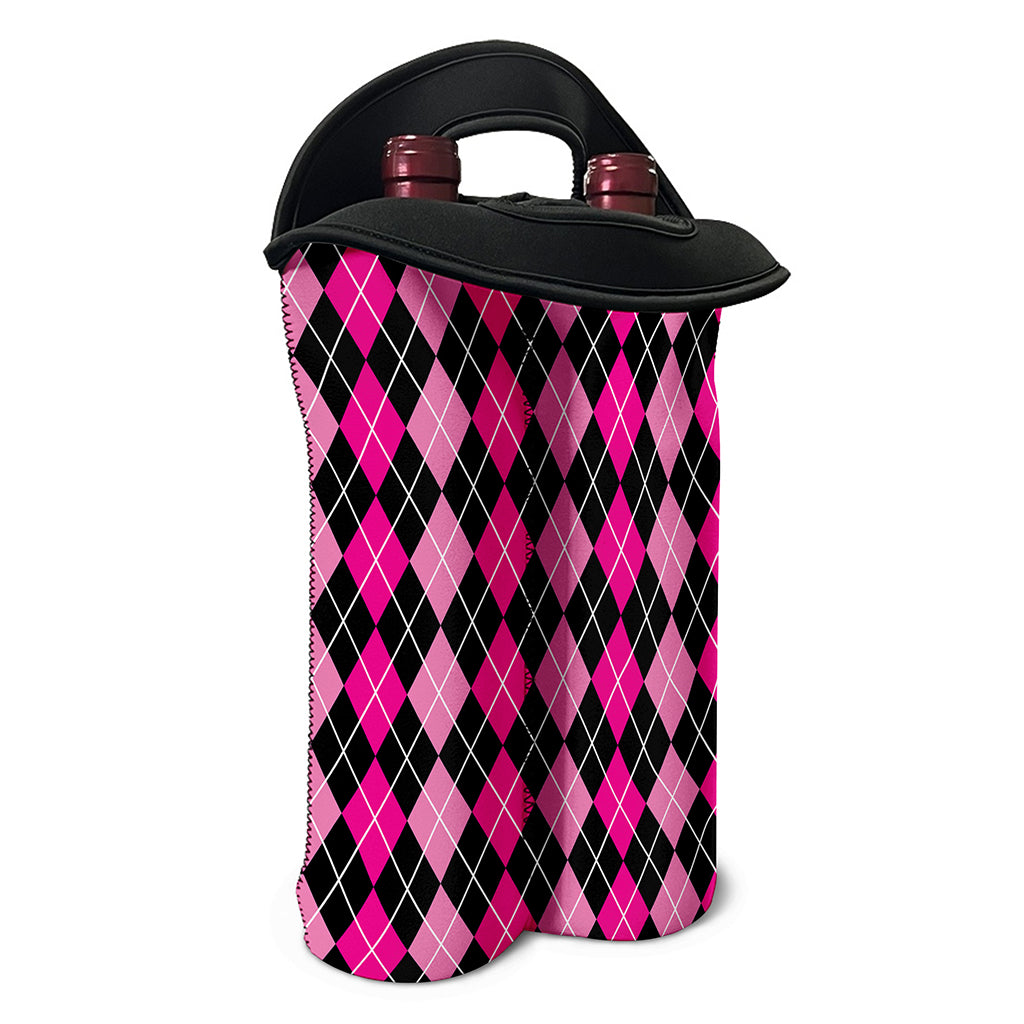 Deep Pink And Black Argyle Pattern Print Double Neoprene Wine Tote