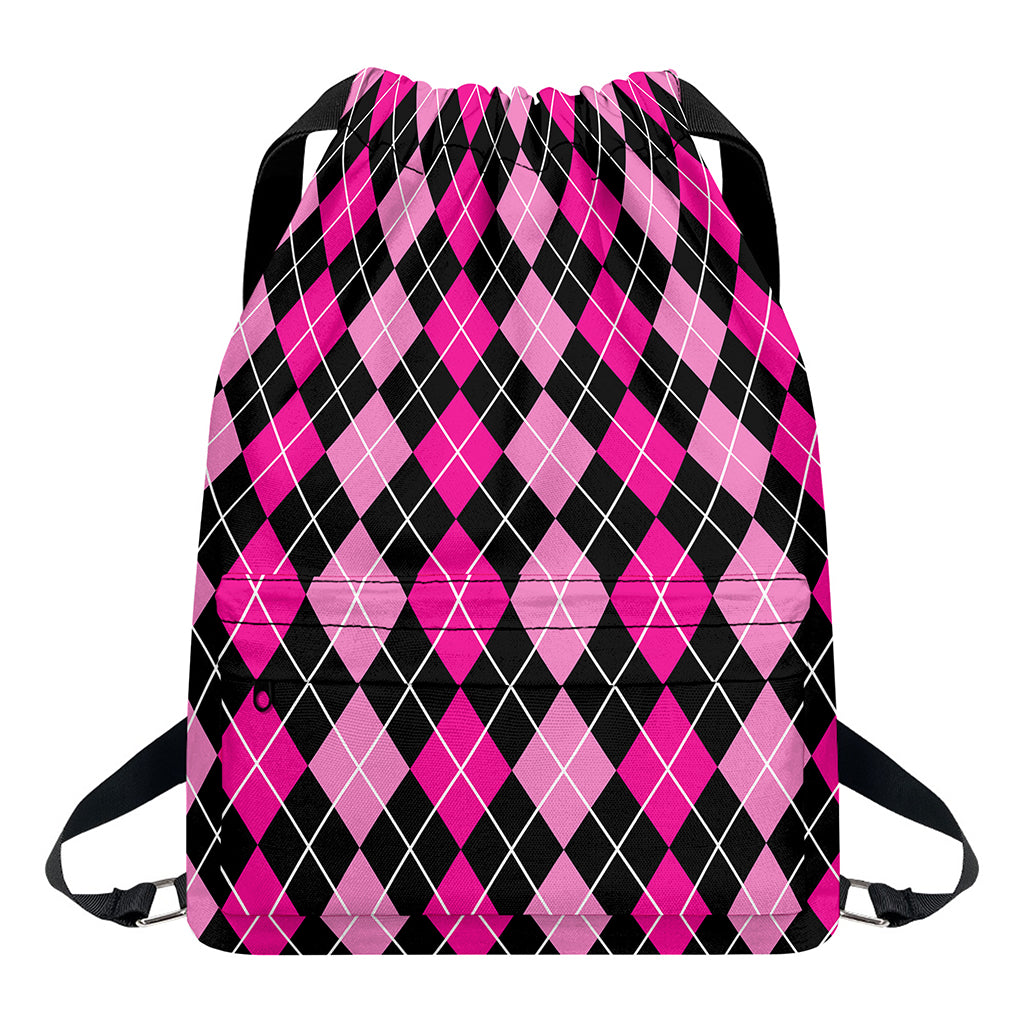 Deep Pink And Black Argyle Pattern Print Drawstring Backpack