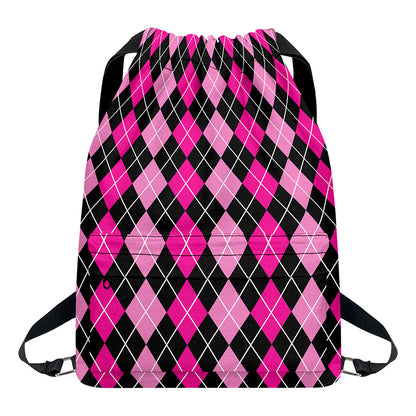 Deep Pink And Black Argyle Pattern Print Drawstring Backpack